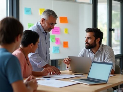 Diverse team brainstorming ideas during a workshop at Apex Consulting Group