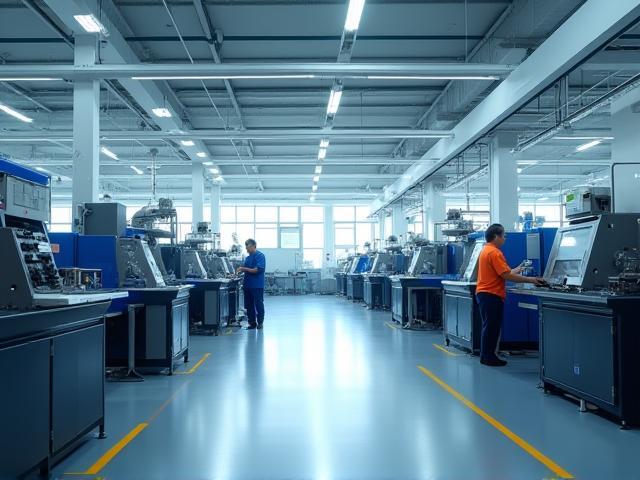 Modern manufacturing plant with machinery and workers