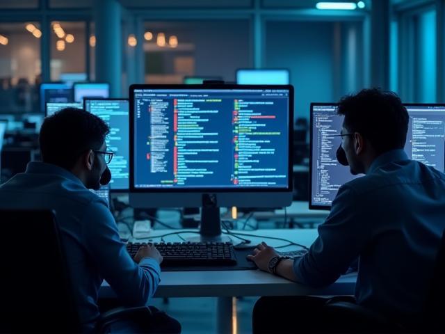 Software development team collaborating on deployment pipeline