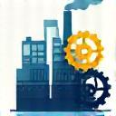 Manufacturing industry icon with factory silhouette and gears