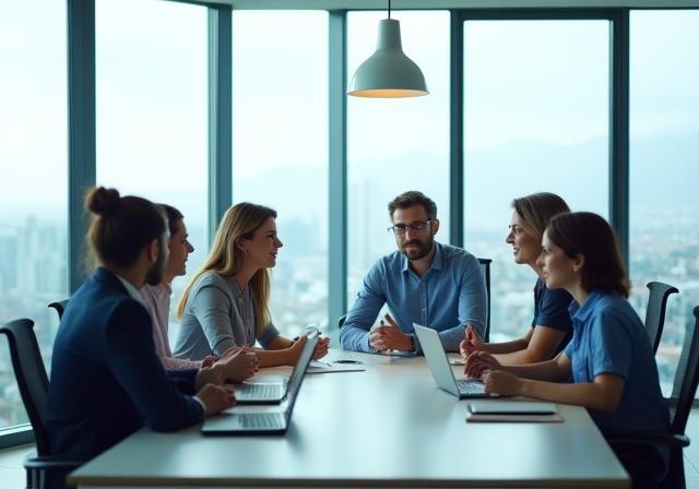 Professional business team discussing strategy in a modern office for comprehensive consulting solutions